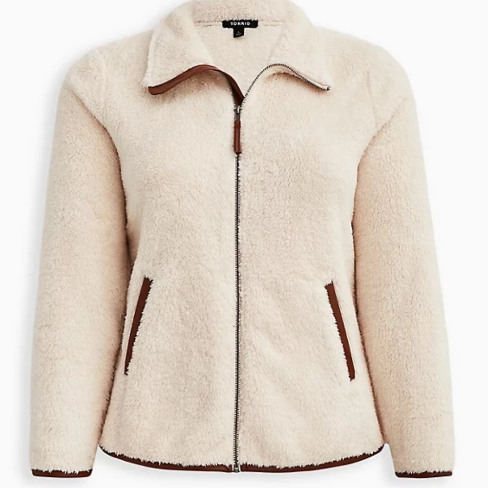 Torrid Faux Shearling Zip Front Trim Contrast Jacket - Picture 5 of 9